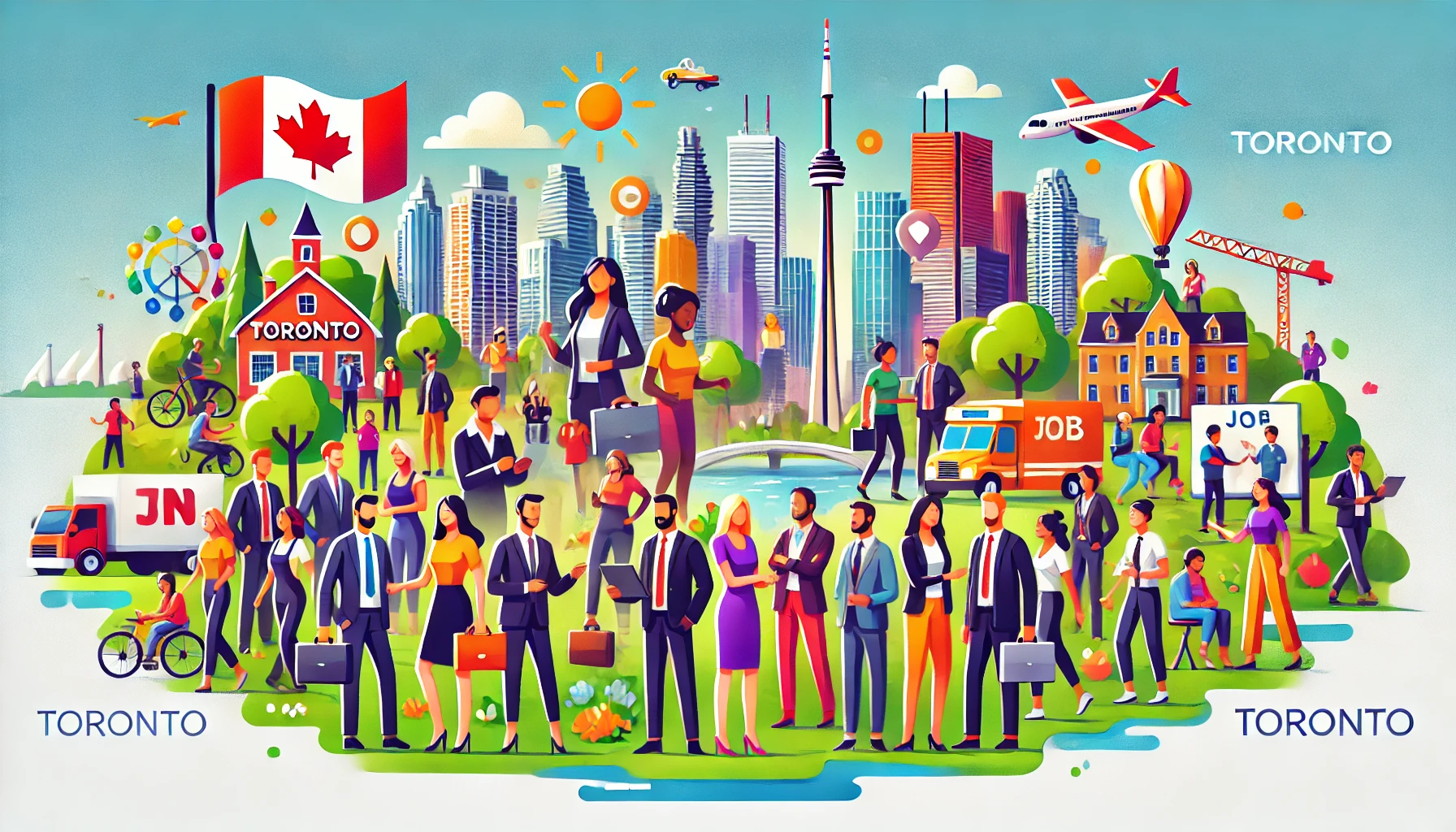 Latinos En Toronto A vibrant and welcoming image depicting a diverse group of people in Toronto, highlighting the city's multicultural atmosphere. The background include