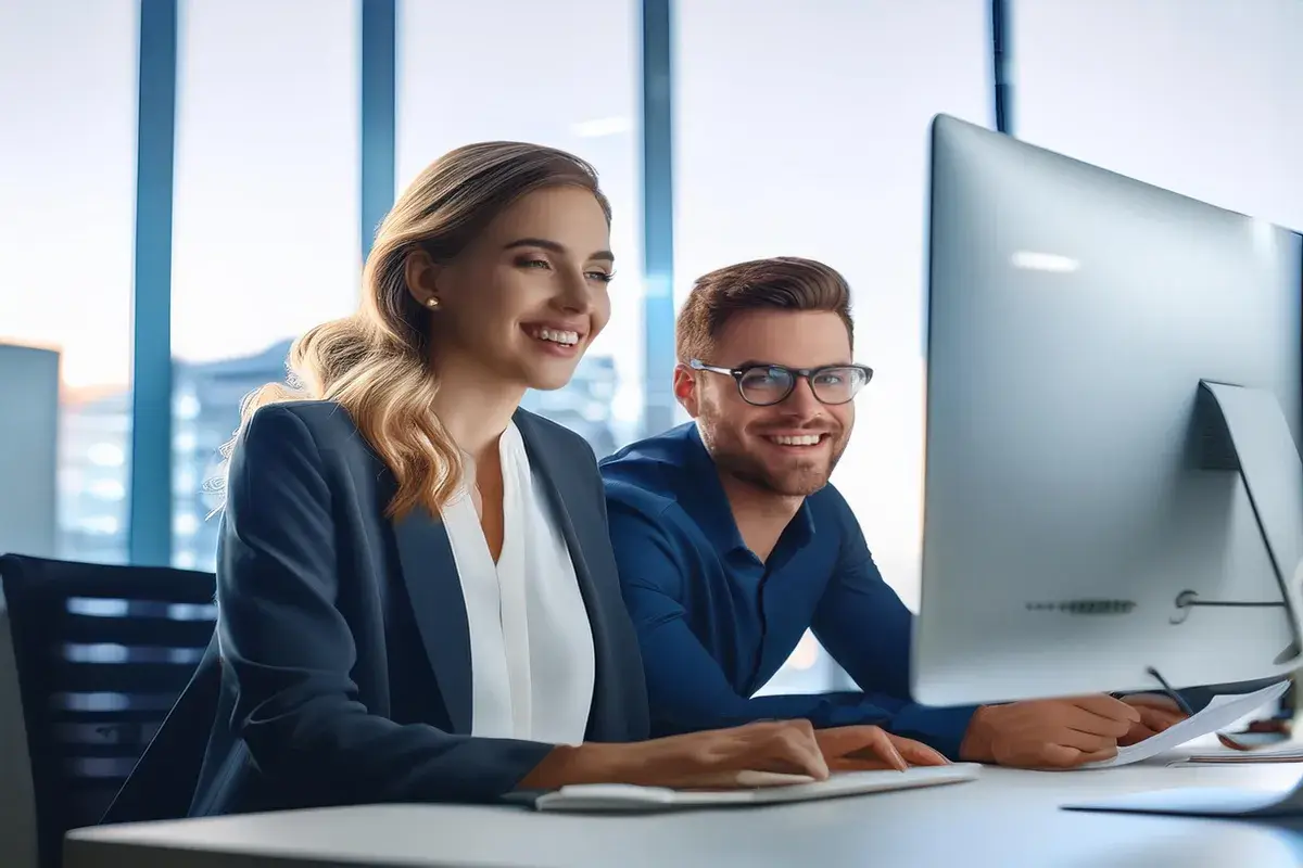 happy-IT-workers-in-office-clothes-looking-at-computer-monitor-80737