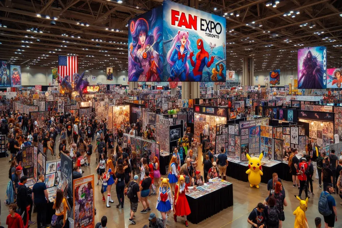 A vibrant scene from Fan Expo Toronto 2025, held in a large convention center filled with colorful b