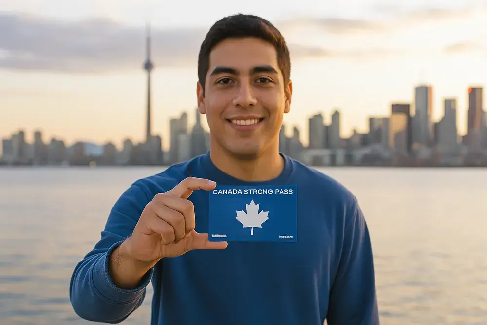 crea una imagen de un joven latino sostendiendo la tarjeta Canada Strong Pass con fondo de la ciudad de toronto